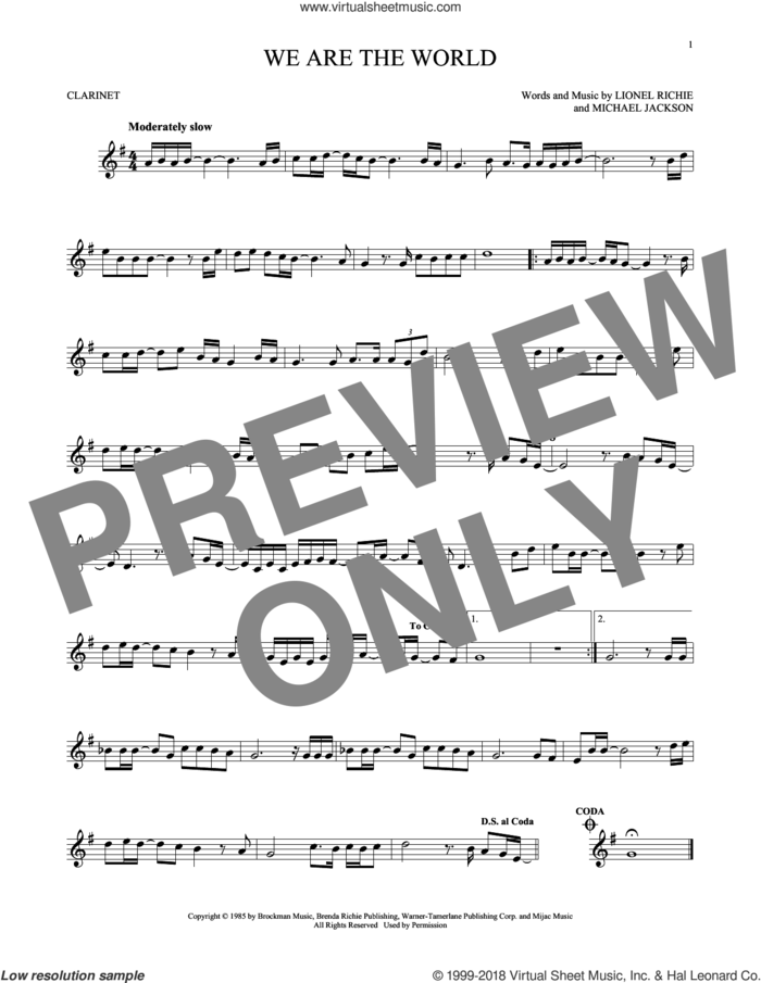 We Are The World sheet music for clarinet solo by Michael Jackson, USA For Africa, Lionel Richie and Lionel Richie & Michael Jackson, intermediate skill level