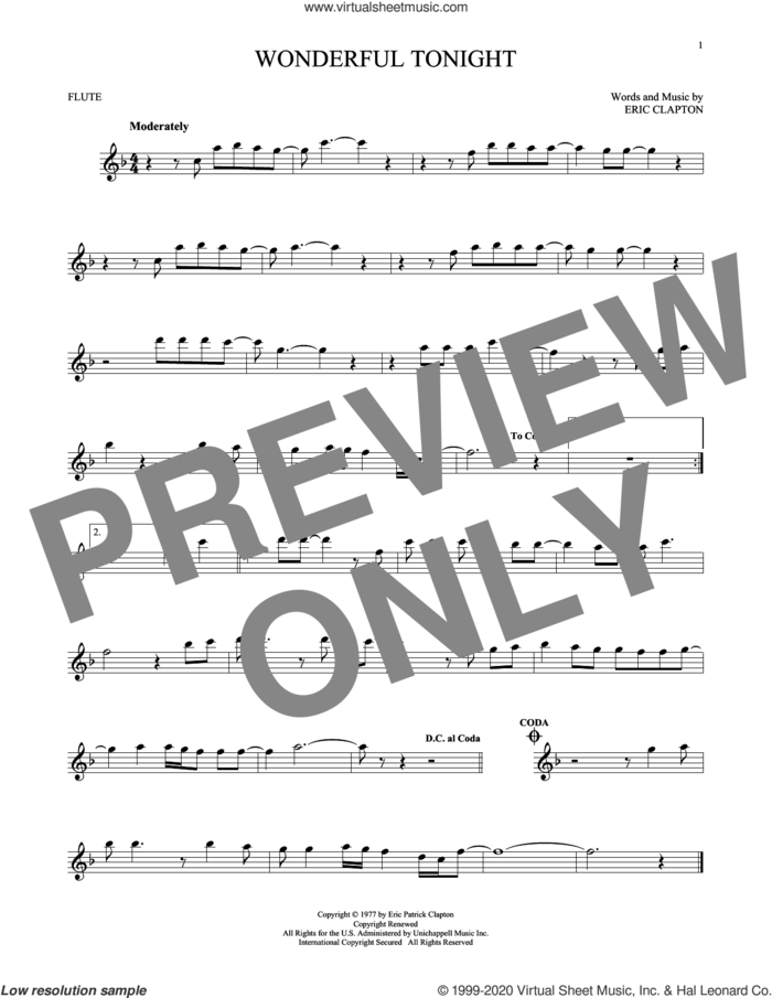 Wonderful Tonight sheet music for flute solo by Eric Clapton and David Kersh, wedding score, intermediate skill level