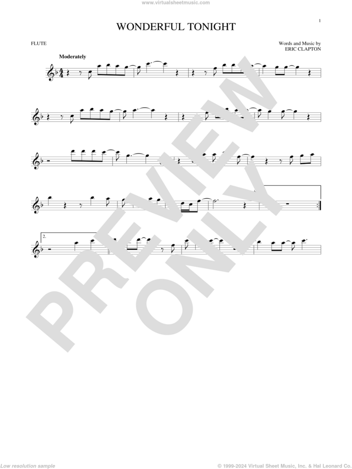 Wonderful Tonight sheet music for flute solo by Eric Clapton and David Kersh, wedding score, intermediate skill level