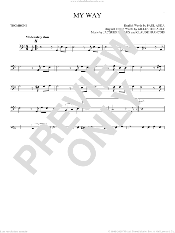 My Way sheet music for trombone solo by Frank Sinatra, Elvis Presley, Claude Francois, Gilles Thibault, Jacques Revaux and Paul Anka, intermediate skill level