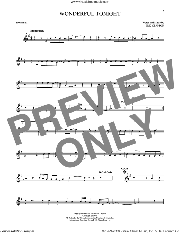Wonderful Tonight sheet music for trumpet solo by Eric Clapton and David Kersh, wedding score, intermediate skill level