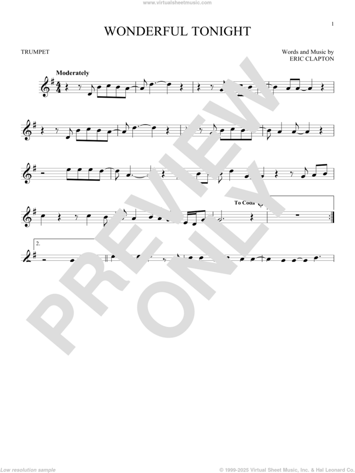 Wonderful Tonight sheet music for trumpet solo by Eric Clapton and David Kersh, wedding score, intermediate skill level