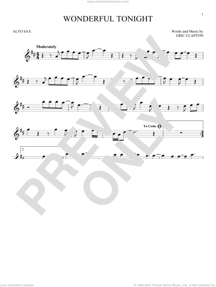 Wonderful Tonight sheet music for alto saxophone solo by Eric Clapton and David Kersh, wedding score, intermediate skill level