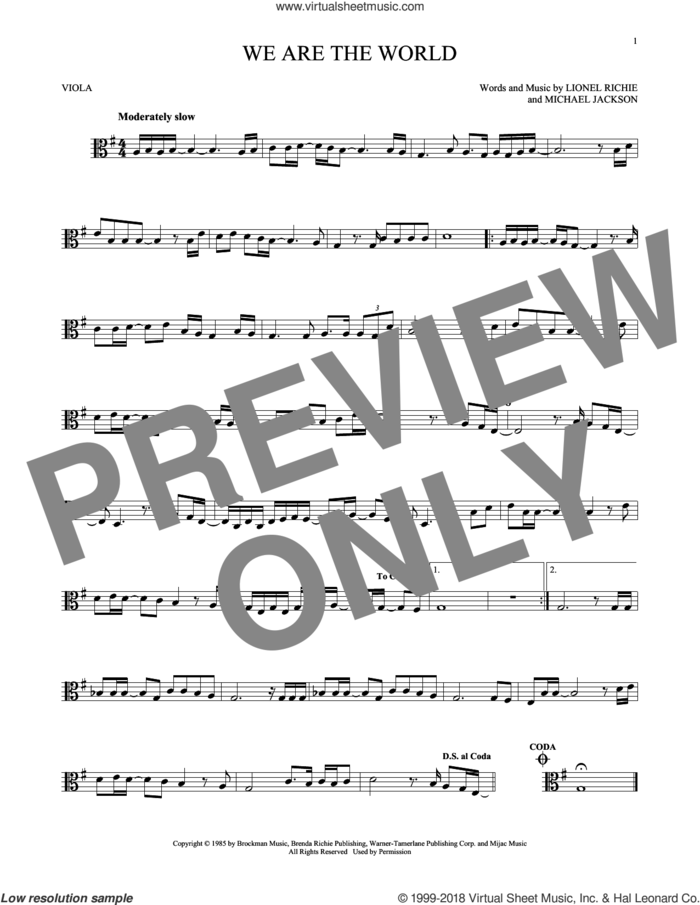 We Are The World sheet music for viola solo by Michael Jackson, USA For Africa, Lionel Richie and Lionel Richie & Michael Jackson, intermediate skill level