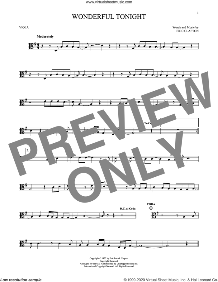 Wonderful Tonight sheet music for viola solo by Eric Clapton and David Kersh, wedding score, intermediate skill level