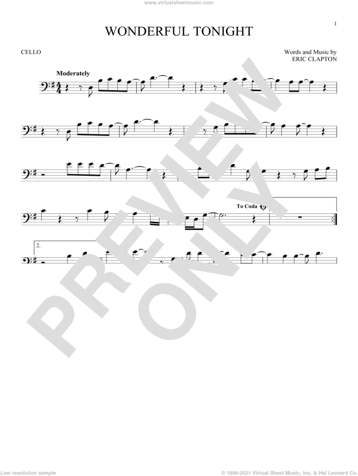 Wonderful Tonight sheet music for cello solo by Eric Clapton and David Kersh, wedding score, intermediate skill level