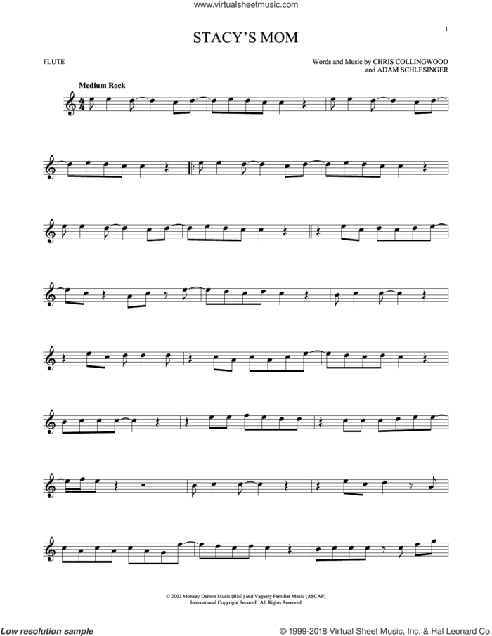 Stacy's Mom sheet music for flute solo by Fountains Of Wayne, Adam Schlesinger and Chris Collingwood, intermediate skill level