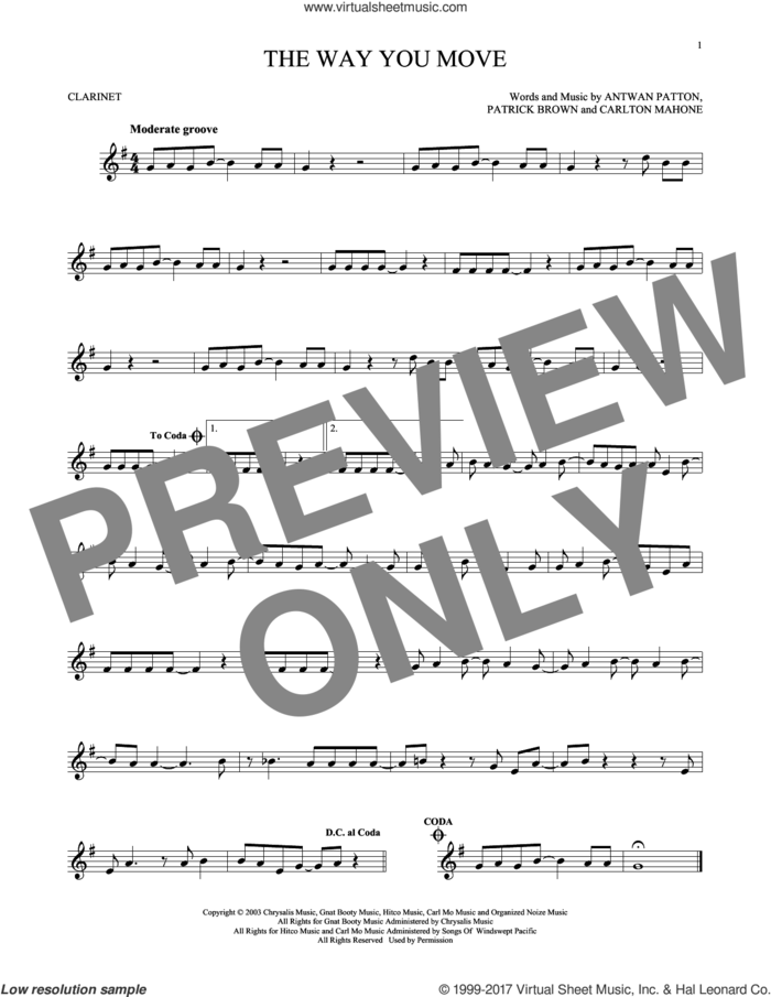 The Way You Move sheet music for clarinet solo by Outkast featuring Sleepy Brown, Antwon Patton, Cartlon Mahone and Patrick Brown, intermediate skill level