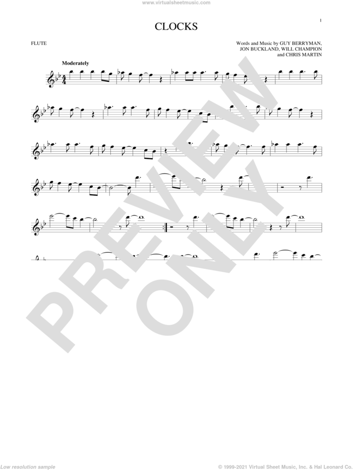 Clocks sheet music for flute solo by Coldplay, Chris Martin, Guy Berryman, Jon Buckland and Will Champion, intermediate skill level