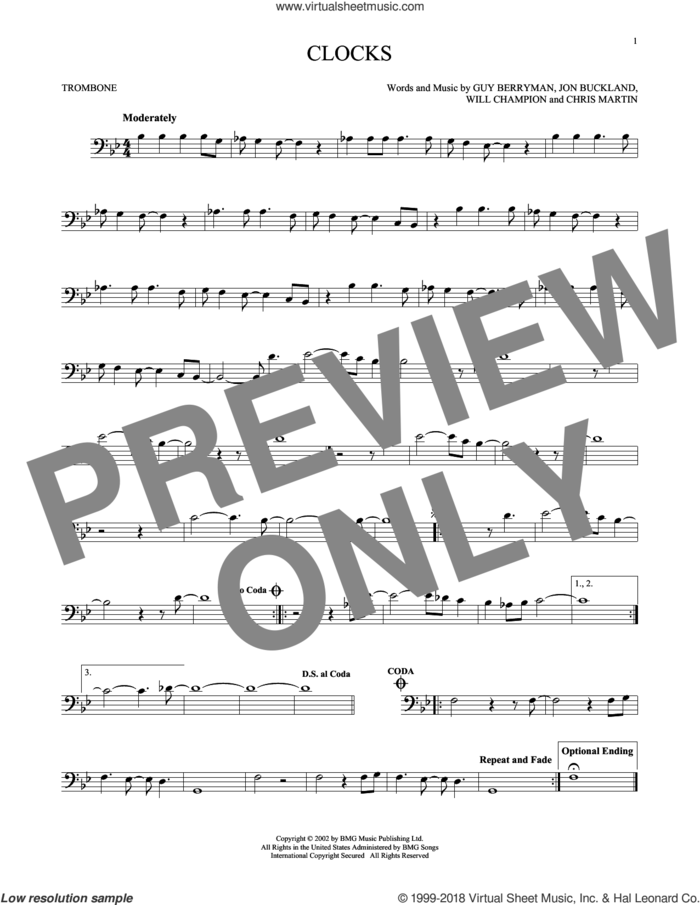Clocks sheet music for trombone solo by Coldplay, Chris Martin, Guy Berryman, Jon Buckland and Will Champion, intermediate skill level