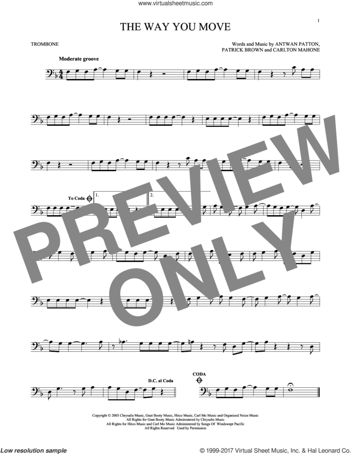 The Way You Move sheet music for trombone solo by Outkast featuring Sleepy Brown, Antwon Patton, Cartlon Mahone and Patrick Brown, intermediate skill level