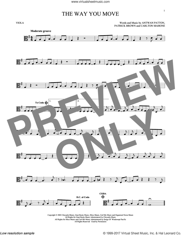 The Way You Move sheet music for viola solo by Outkast featuring Sleepy Brown, Antwon Patton, Cartlon Mahone and Patrick Brown, intermediate skill level