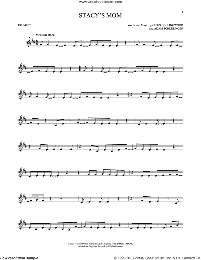 Stacy's Mom sheet music for trumpet solo by Fountains Of Wayne, Adam Schlesinger and Chris Collingwood, intermediate skill level