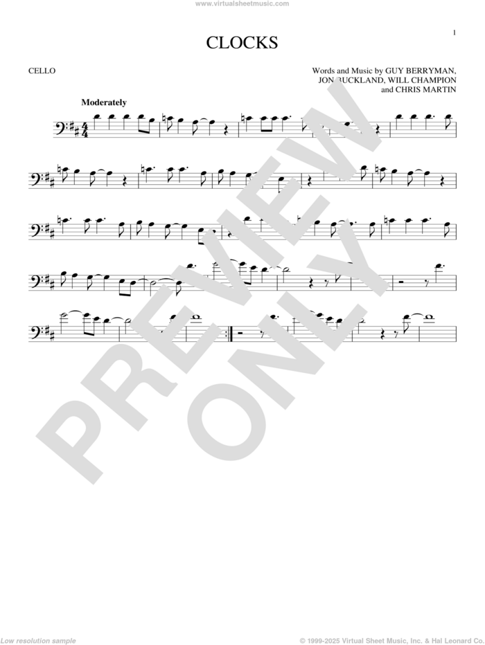 Clocks sheet music for cello solo by Guy Berryman, Coldplay, Chris Martin, Jon Buckland and Will Champion, intermediate skill level