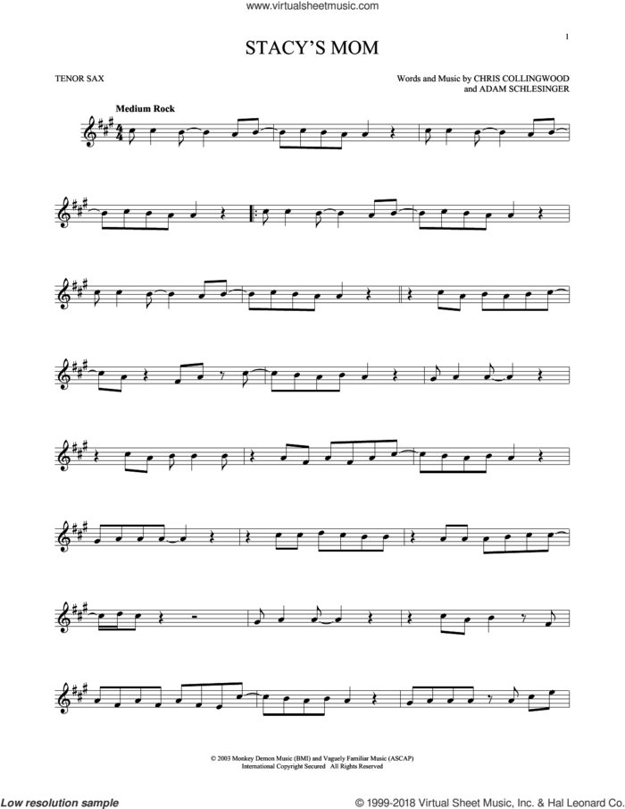 Stacy's Mom sheet music for tenor saxophone solo by Fountains Of Wayne, Adam Schlesinger and Chris Collingwood, intermediate skill level