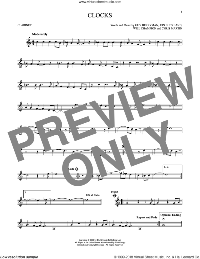 Clocks sheet music for clarinet solo by Guy Berryman, Coldplay, Chris Martin, Jon Buckland and Will Champion, intermediate skill level