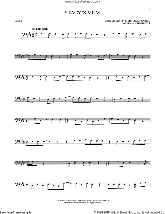 Stacy's Mom sheet music for cello solo by Fountains Of Wayne, Adam Schlesinger and Chris Collingwood, intermediate skill level