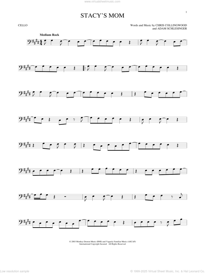 Stacy's Mom sheet music for cello solo by Fountains Of Wayne, Adam Schlesinger and Chris Collingwood, intermediate skill level