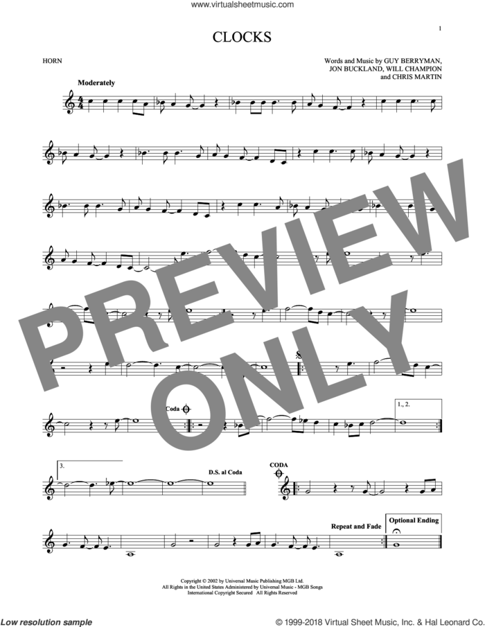 Clocks sheet music for horn solo by Coldplay, Chris Martin, Guy Berryman, Jon Buckland and Will Champion, intermediate skill level