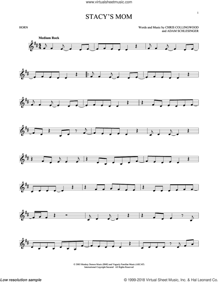Stacy's Mom sheet music for horn solo by Fountains Of Wayne, Adam Schlesinger and Chris Collingwood, intermediate skill level