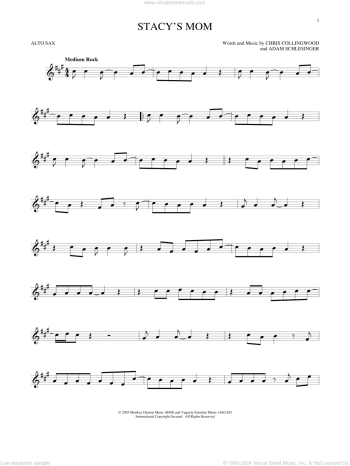 Stacy's Mom sheet music for alto saxophone solo by Fountains Of Wayne, Adam Schlesinger and Chris Collingwood, intermediate skill level