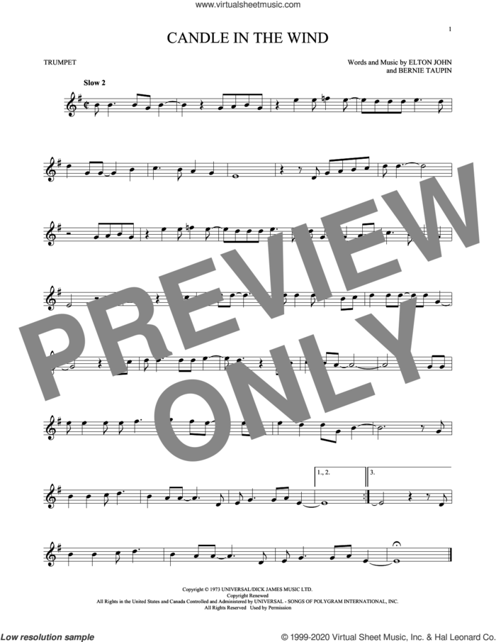 Candle In The Wind sheet music for trumpet solo by Elton John and Bernie Taupin, intermediate skill level