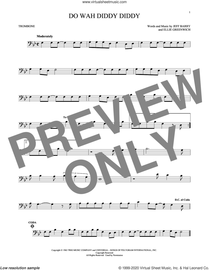 Do Wah Diddy Diddy sheet music for trombone solo by Manfred Mann, Ellie Greenwich and Jeff Barry, intermediate skill level