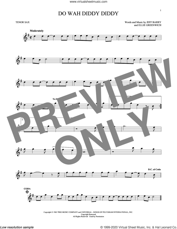 Do Wah Diddy Diddy sheet music for tenor saxophone solo by Manfred Mann, Ellie Greenwich and Jeff Barry, intermediate skill level