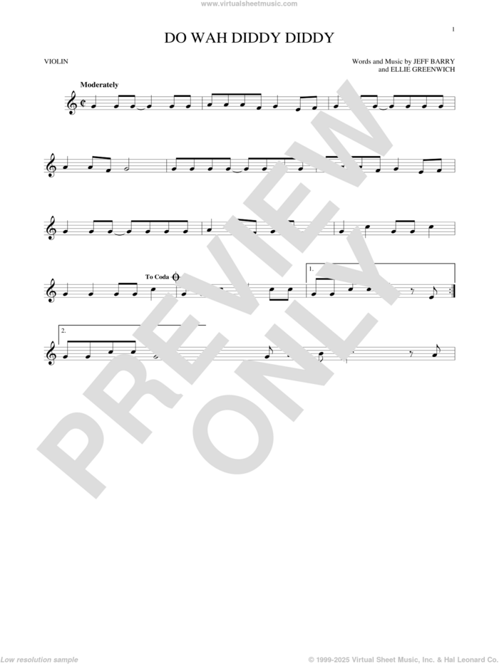 Do Wah Diddy Diddy sheet music for violin solo by Manfred Mann, Ellie Greenwich and Jeff Barry, intermediate skill level