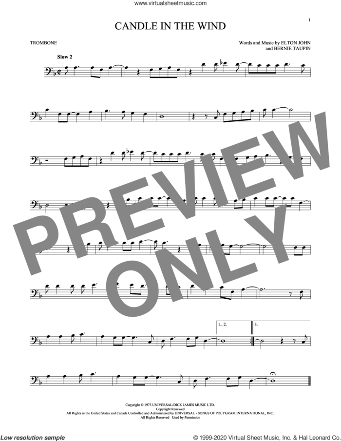 Candle In The Wind sheet music for trombone solo by Elton John and Bernie Taupin, intermediate skill level