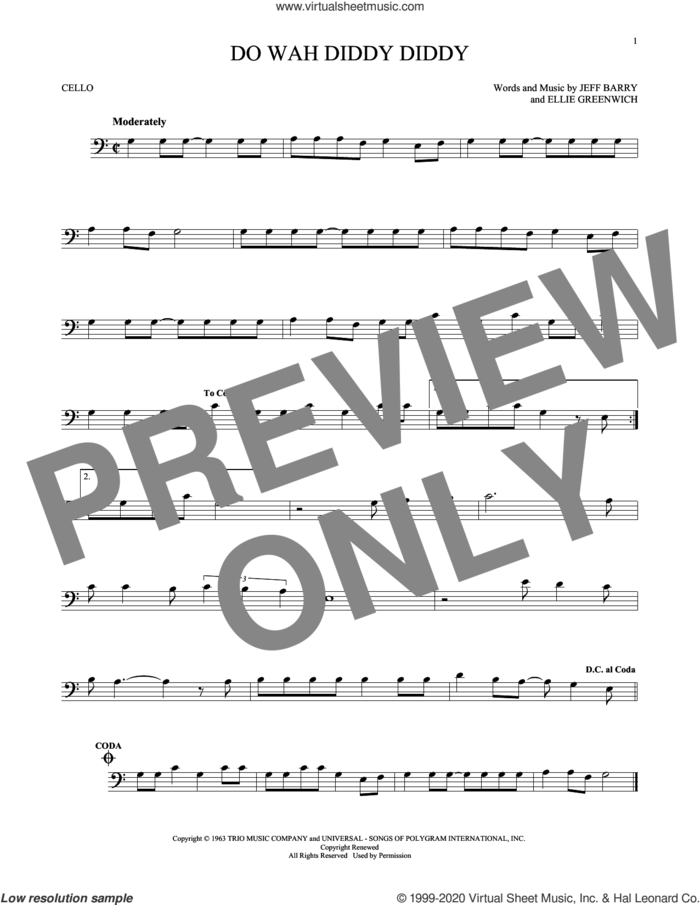 Do Wah Diddy Diddy sheet music for cello solo by Manfred Mann, Ellie Greenwich and Jeff Barry, intermediate skill level