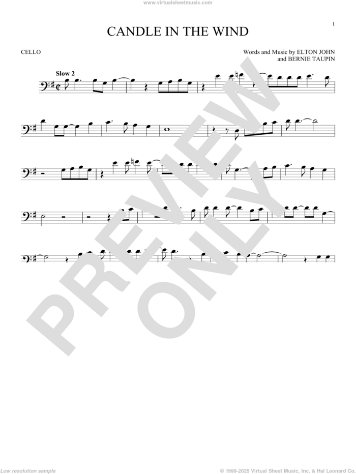 Candle In The Wind sheet music for cello solo by Elton John and Bernie Taupin, intermediate skill level