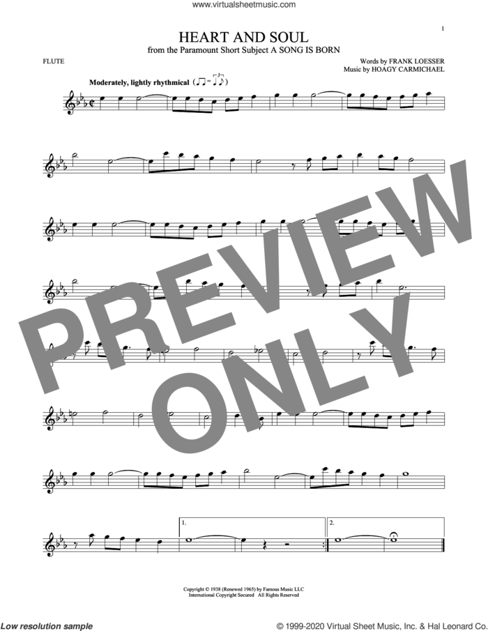 Heart And Soul sheet music for flute solo by Frank Loesser and Hoagy Carmichael, intermediate skill level