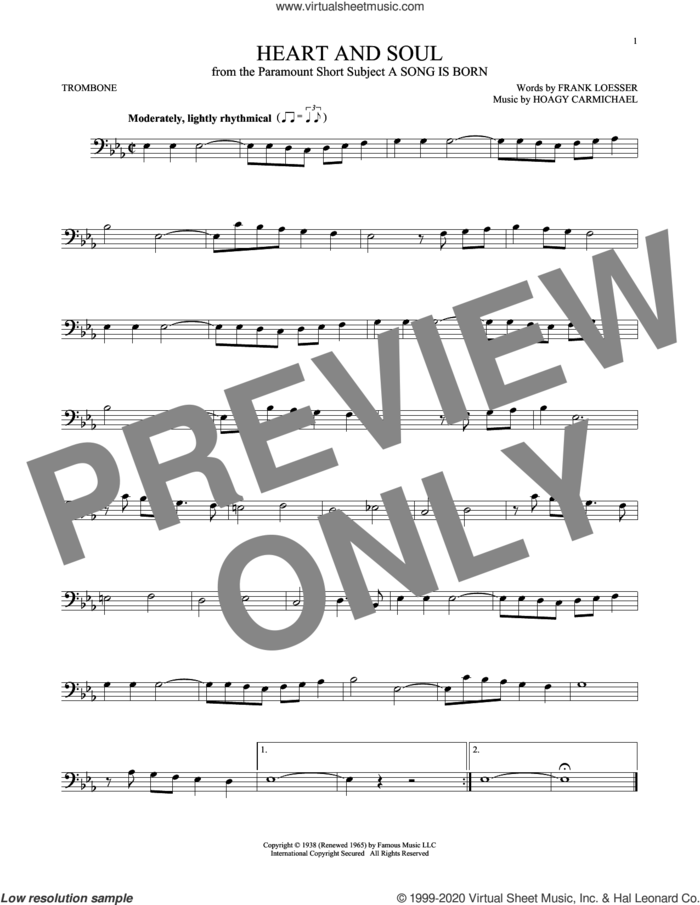 Heart And Soul sheet music for trombone solo by Frank Loesser and Hoagy Carmichael, intermediate skill level