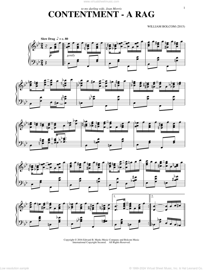 Contentment - A Rag sheet music for piano solo by William Bolcom, classical score, intermediate skill level