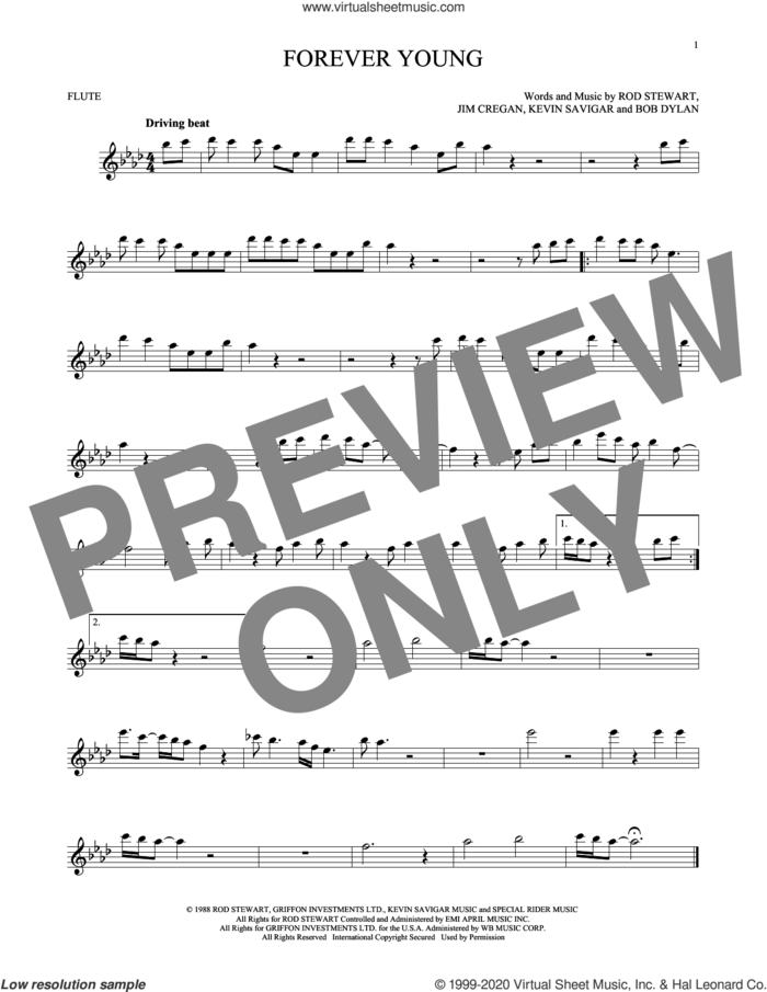 Forever Young sheet music for flute solo by Rod Stewart, Bob Dylan, Jim Cregan and Kevin Savigar, intermediate skill level