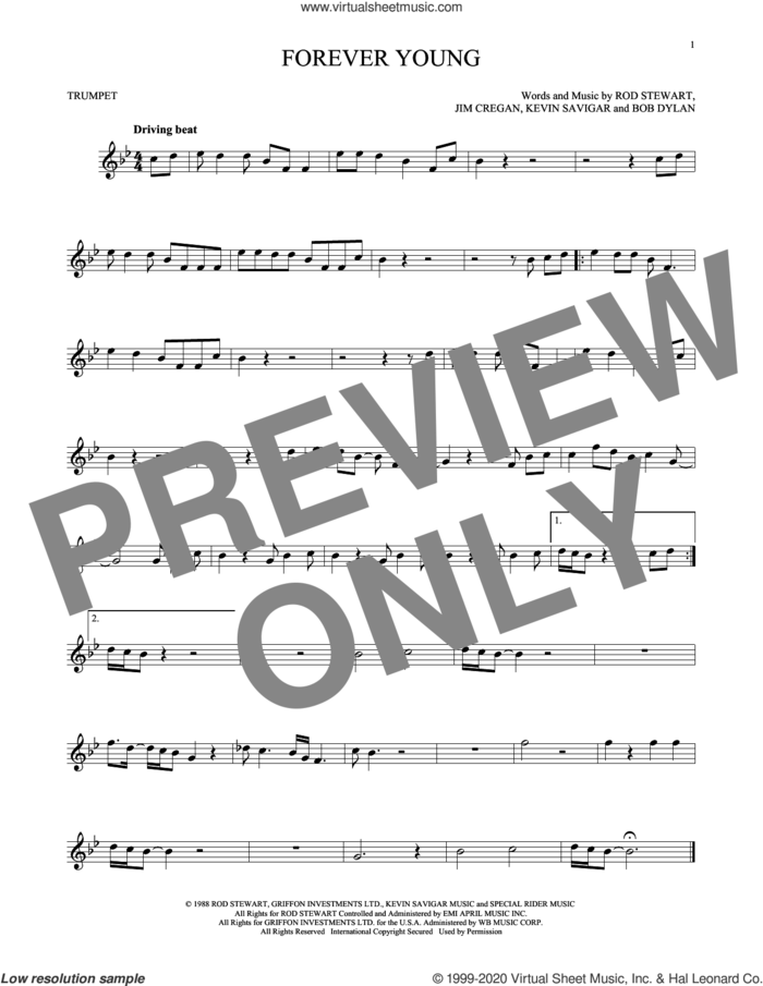 Forever Young sheet music for trumpet solo by Rod Stewart, Bob Dylan, Jim Cregan and Kevin Savigar, intermediate skill level
