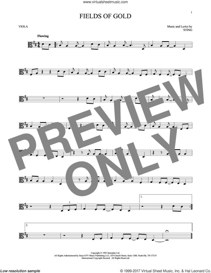 Fields Of Gold sheet music for viola solo by Sting, intermediate skill level