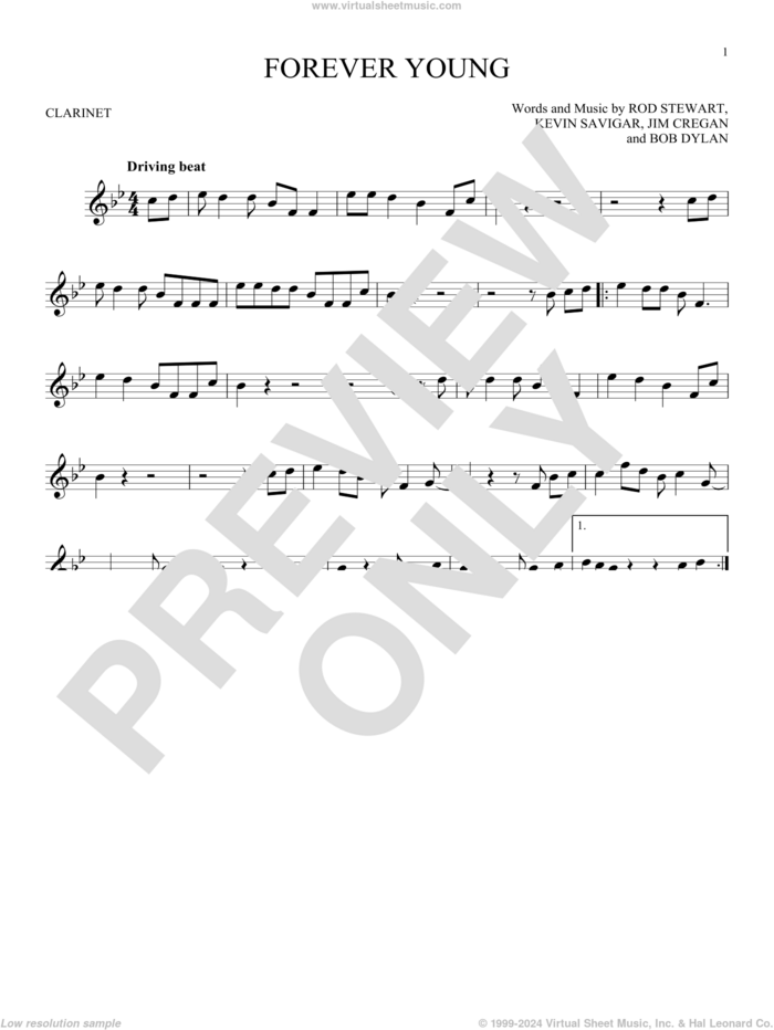 Forever Young sheet music for clarinet solo by Rod Stewart, Bob Dylan, Jim Cregan and Kevin Savigar, intermediate skill level