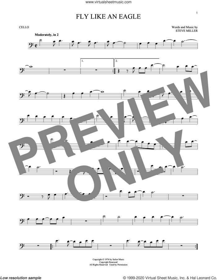 Fly Like An Eagle sheet music for cello solo by Steve Miller Band, intermediate skill level