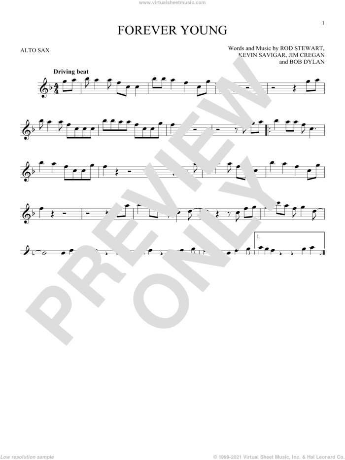 Forever Young sheet music for alto saxophone solo by Rod Stewart, Bob Dylan, Jim Cregan and Kevin Savigar, intermediate skill level
