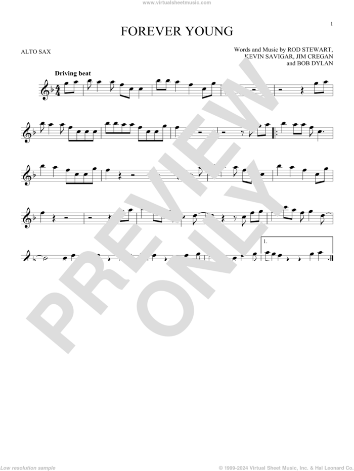 Forever Young sheet music for alto saxophone solo by Rod Stewart, Bob Dylan, Jim Cregan and Kevin Savigar, intermediate skill level