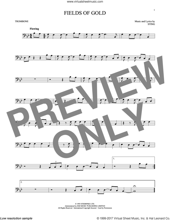 Fields Of Gold sheet music for trombone solo by Sting, intermediate skill level