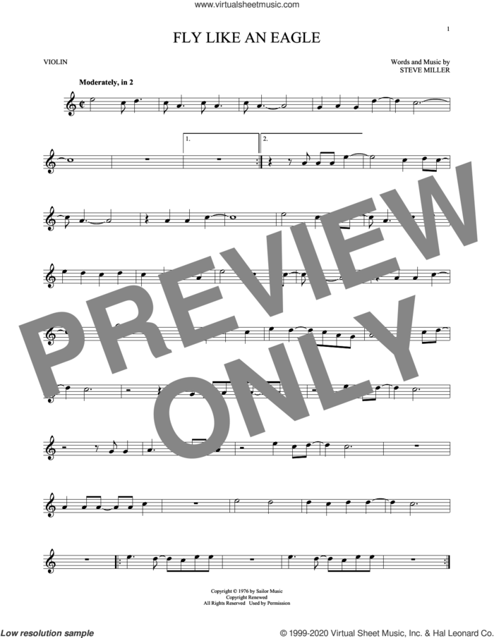 Fly Like An Eagle sheet music for violin solo by Steve Miller Band, intermediate skill level