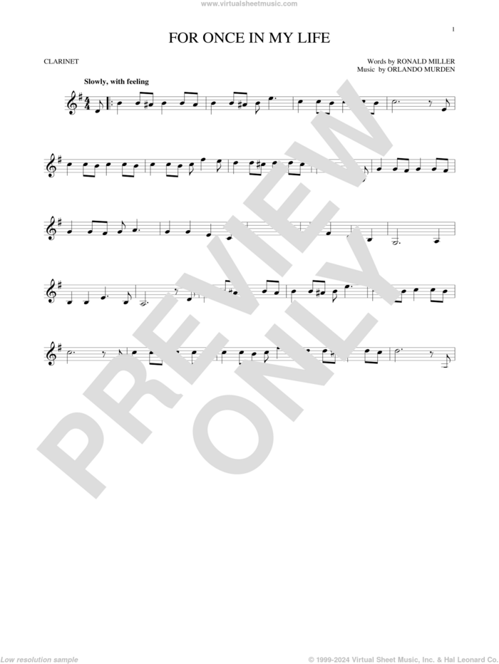 For Once In My Life sheet music for clarinet solo by Stevie Wonder, Orlando Murden and Ron Miller, intermediate skill level