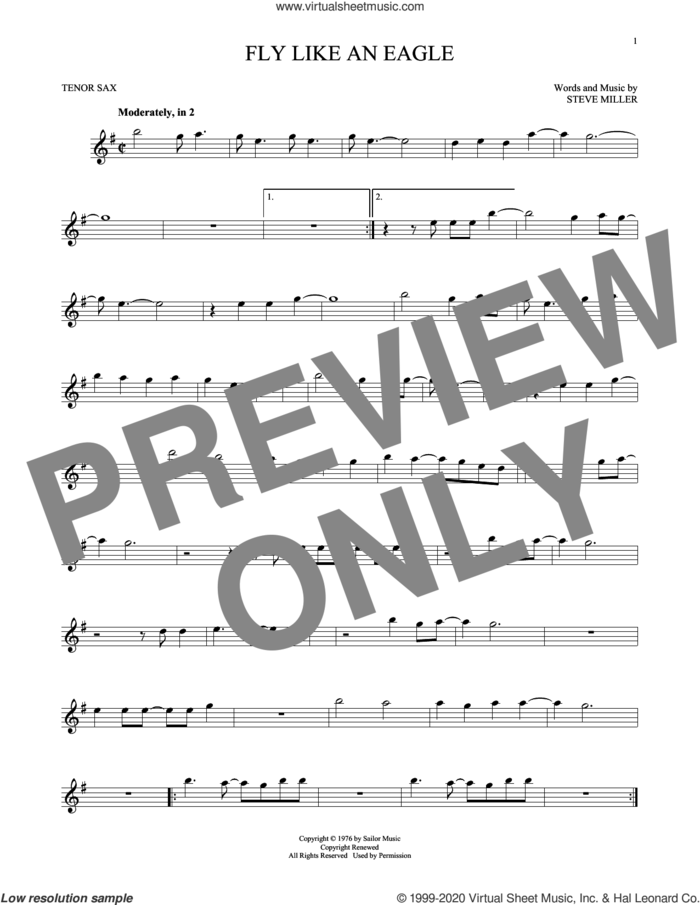 Fly Like An Eagle sheet music for tenor saxophone solo by Steve Miller Band, intermediate skill level