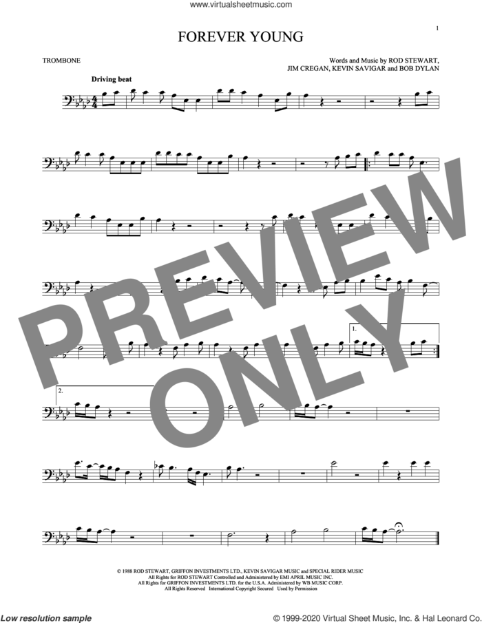 Forever Young sheet music for trombone solo by Rod Stewart, Bob Dylan, Jim Cregan and Kevin Savigar, intermediate skill level