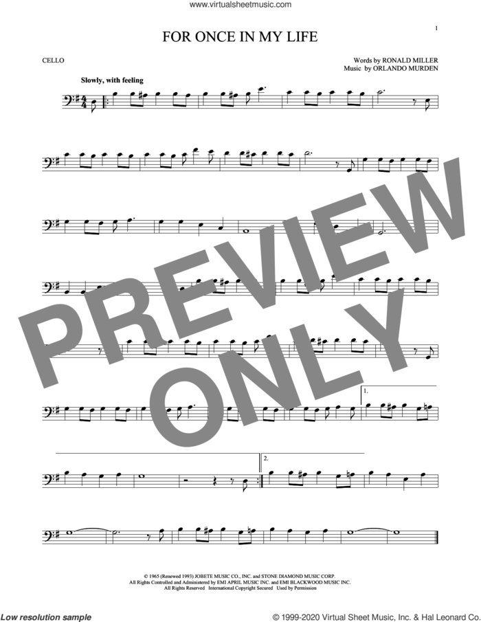 For Once In My Life sheet music for cello solo by Stevie Wonder, Orlando Murden and Ron Miller, intermediate skill level