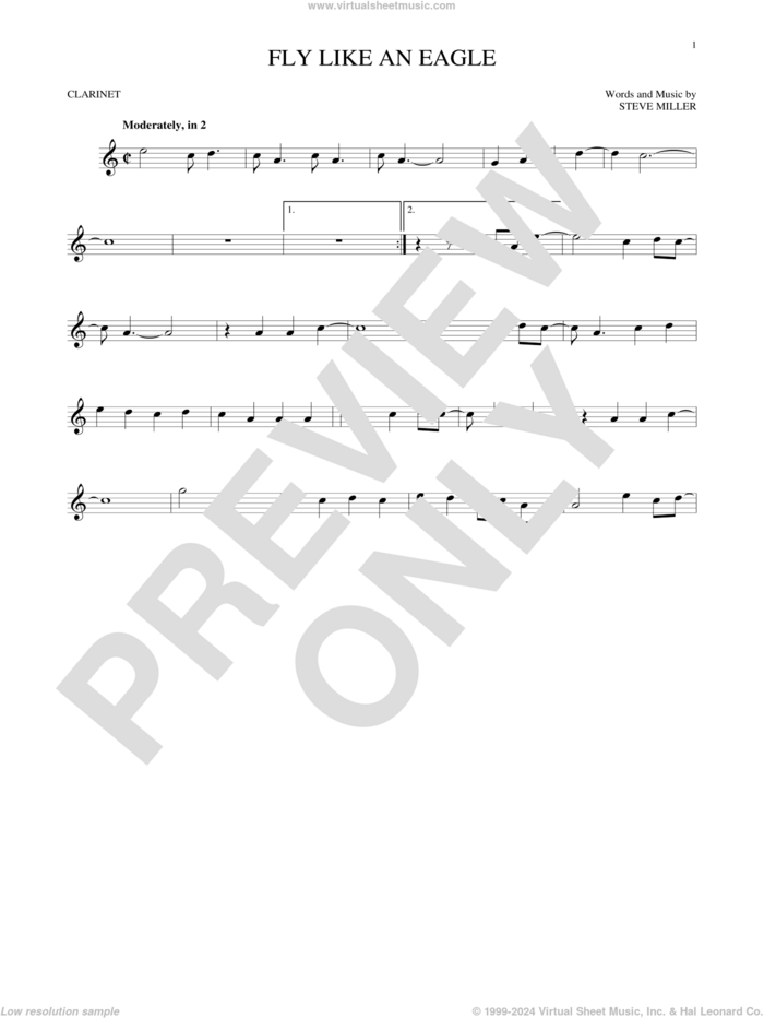 Fly Like An Eagle sheet music for clarinet solo by Steve Miller Band, intermediate skill level