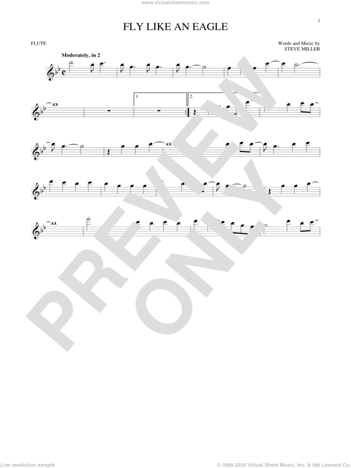 Fly Like An Eagle sheet music for flute solo by Steve Miller Band, intermediate skill level